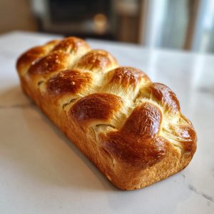 A beautifully braided, golden brown challah bread loaf with a glossy crust.