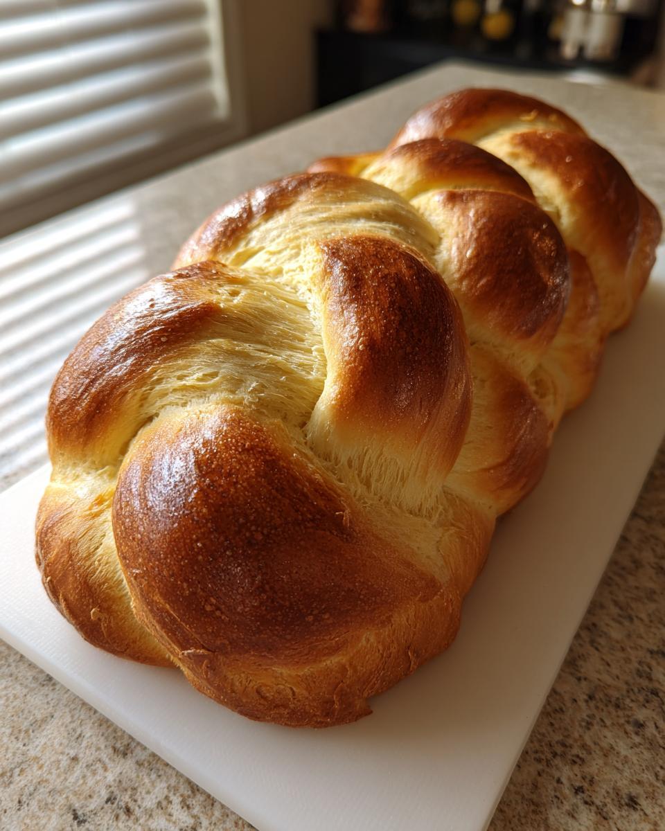 A beautifully braided, golden brown Challah bread loaf resting on a white cutting board.