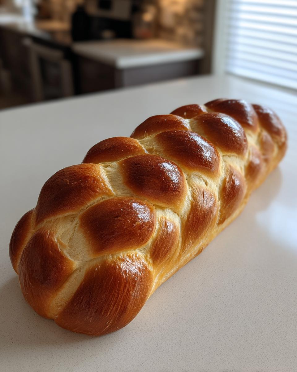 A beautifully braided and golden brown challah bread loaf on a white countertop.