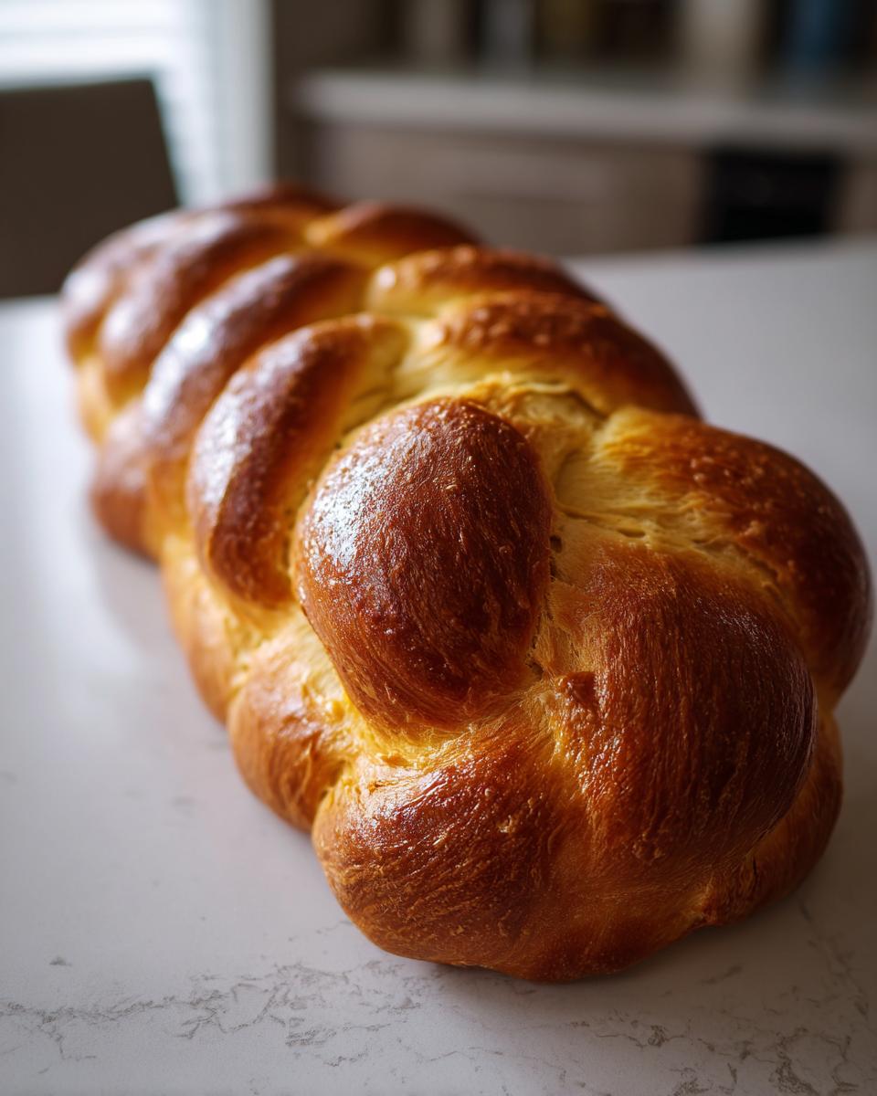 A beautifully braided, golden brown Challah bread loaf on a white countertop.
