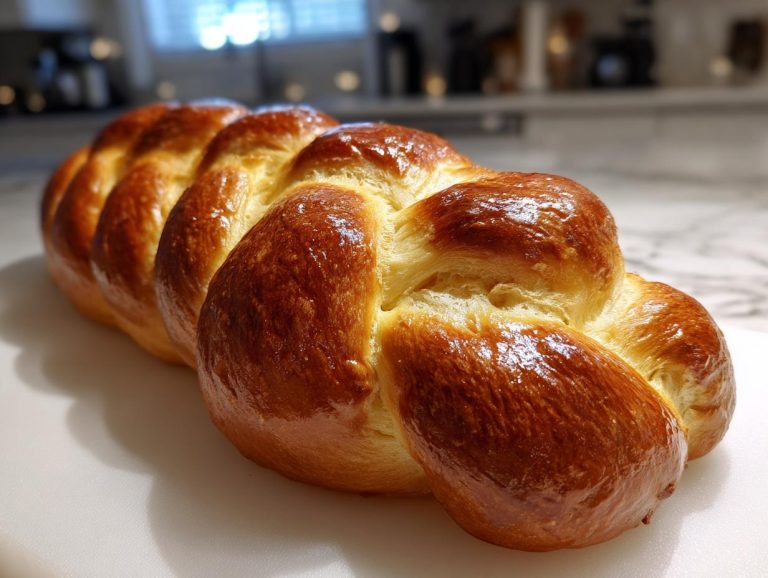 A beautifully braided, golden brown challah bread loaf with a glossy crust.