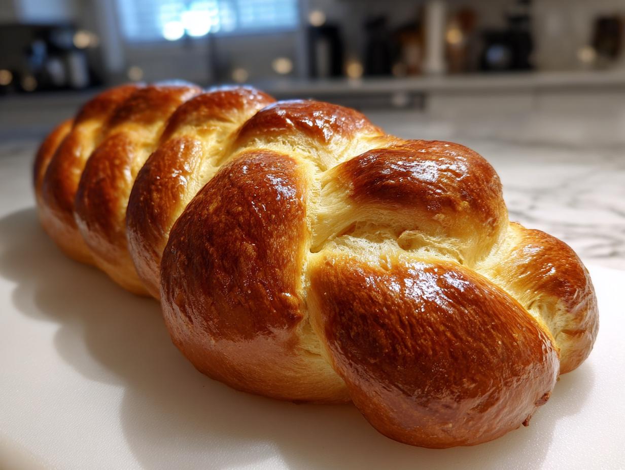 A beautifully braided, golden brown challah bread loaf with a glossy crust.