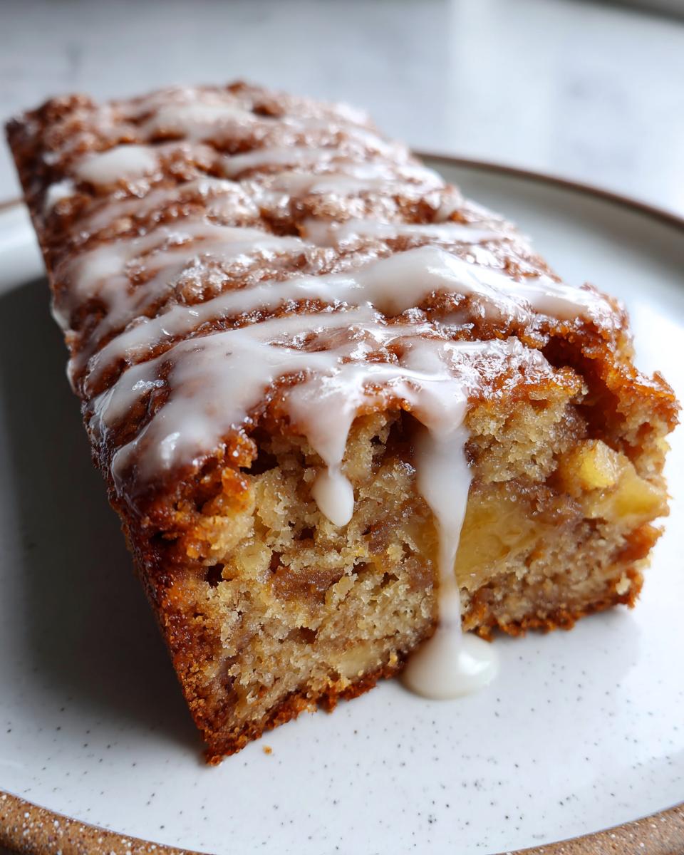 A close-up of a chewy brown butter apple blondies slice drizzled with white icing.