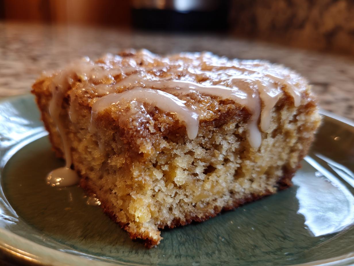 A close-up of a chewy brown butter apple blondie, drizzled with a light glaze, on a green plate.