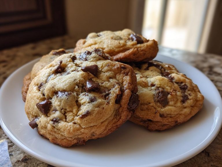 A close-up of several chewy chocolate chip cookies piled on a white plate.