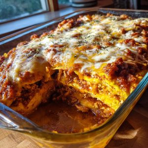 A close-up of a freshly baked chicken enchilada casserole in a glass dish, showing layers of shredded chicken, enchilada sauce, and melted cheese.