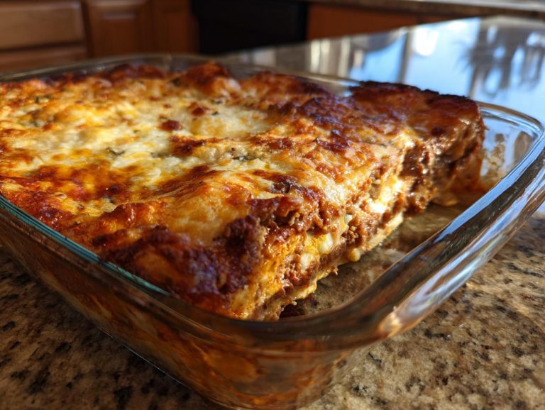 A close-up of a golden brown chicken enchilada casserole in a glass baking dish, showing layers of cheese and filling.
