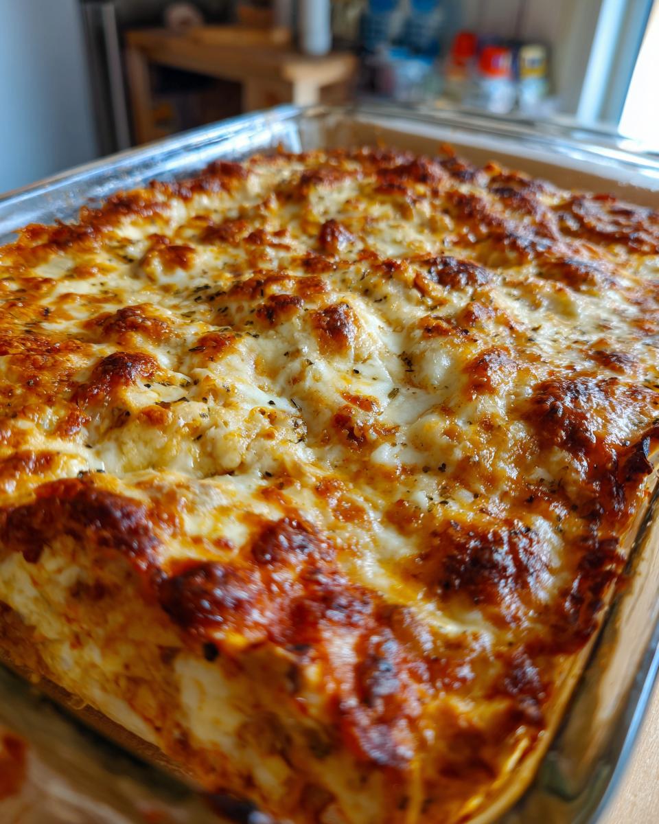 A close-up of a freshly baked chicken enchilada casserole with bubbly, golden-brown cheese and visible herbs.