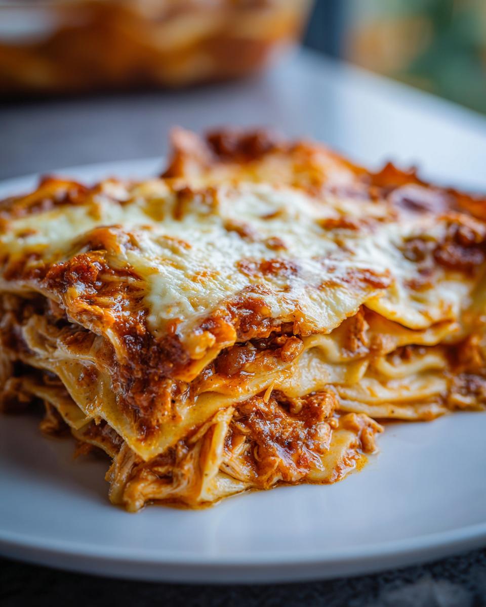 A close-up of a delicious slice of chicken enchilada casserole, showing layers of tortillas, chicken, and cheese.