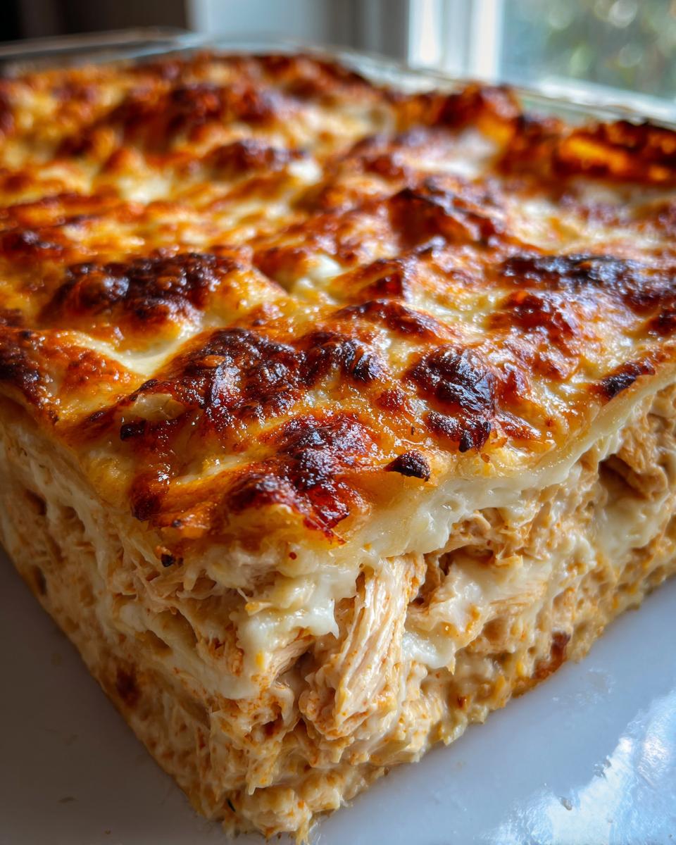 A close-up, angled view of a slice of chicken enchilada casserole, showing layers of shredded chicken and cheese.