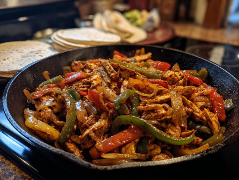 A close-up of sizzling chicken fajitas with colorful bell peppers and onions in a cast iron skillet, ready to be served with tortillas.