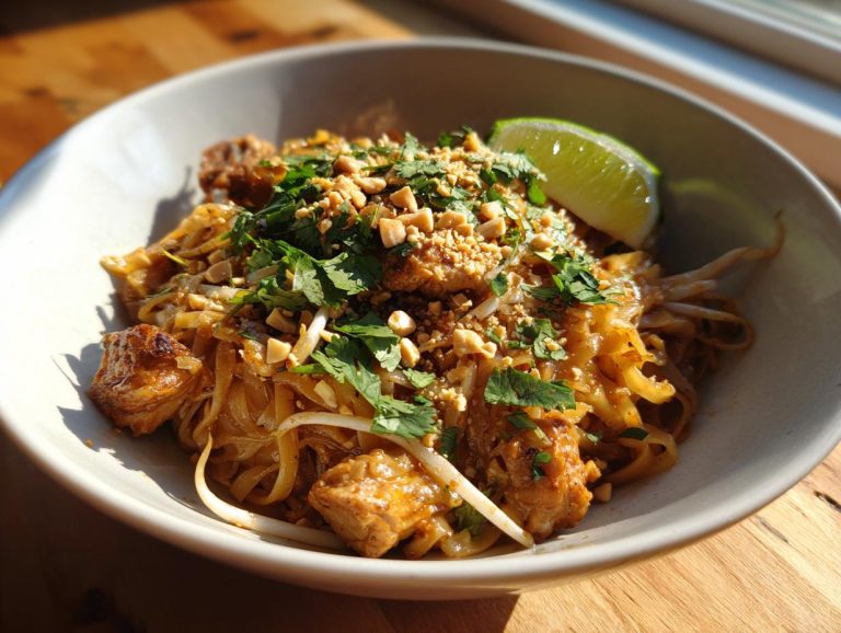 A close-up of a bowl of Chicken Pad Thai, garnished with chopped peanuts, fresh cilantro, and a lime wedge.