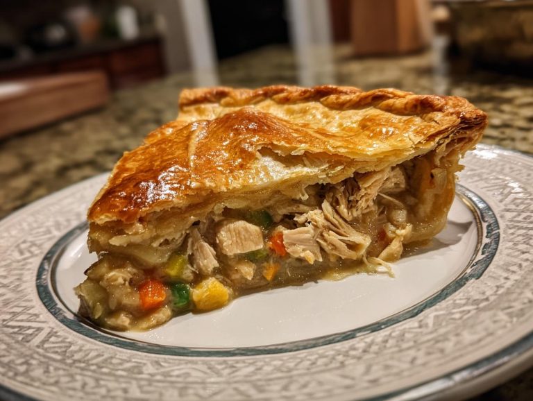 A golden-brown slice of chicken pot pie, showing tender shredded chicken and vegetables in a creamy sauce.