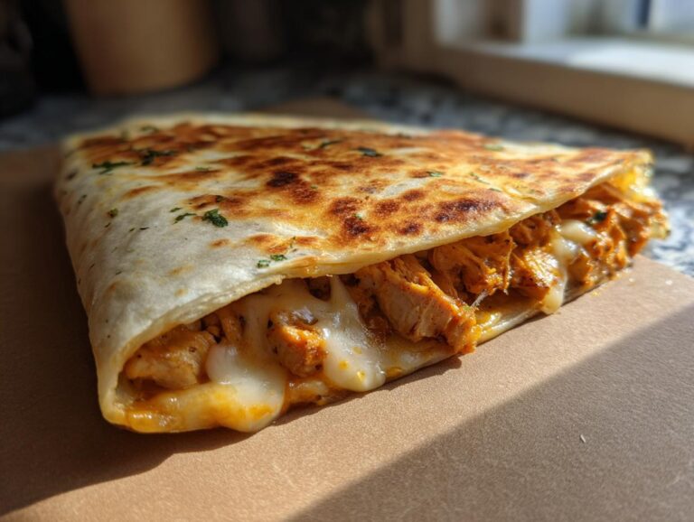 Close-up of a golden-brown chicken quesadilla, filled with shredded chicken and gooey melted cheese, sprinkled with herbs.