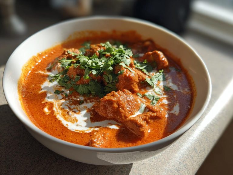 A close-up of a white bowl filled with creamy Chicken Tikka Masala, garnished with fresh cilantro.