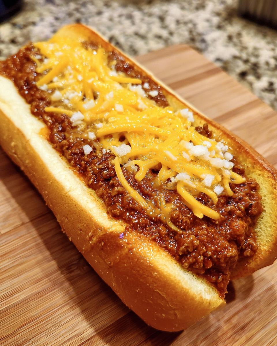 Close-up of a delicious chili dog loaded with savory chili, melted shredded cheese, and diced onions on a toasted bun.