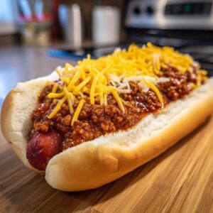 A close-up of a delicious chili dog topped with hearty chili and shredded cheddar cheese.