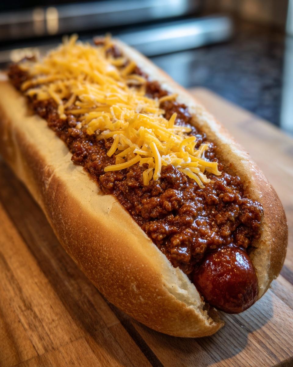 A close-up of a perfectly prepared chili dog, generously topped with savory chili and shredded cheddar cheese.