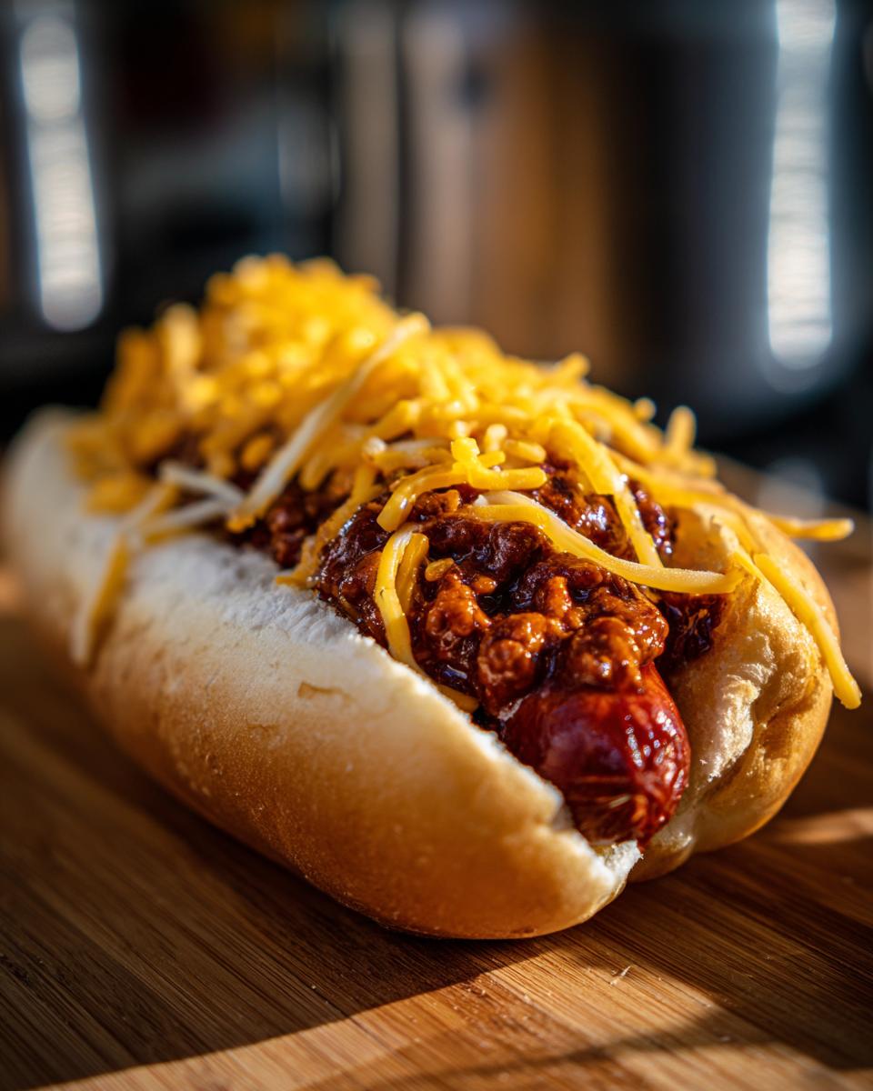 A close-up of a delicious chili dog topped with hearty chili and shredded cheddar cheese.