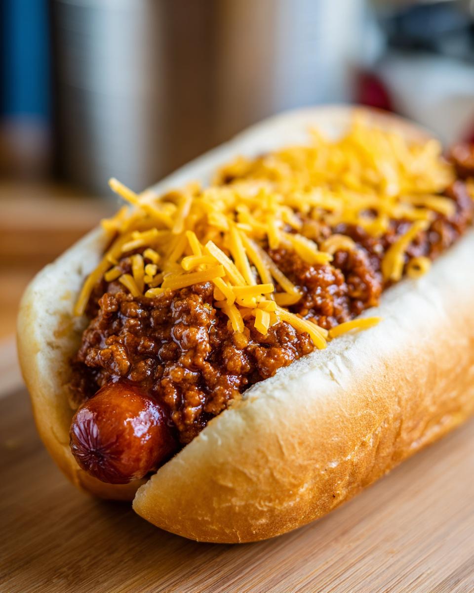 A close-up of a delicious chili dog loaded with savory chili and topped with shredded cheddar cheese.