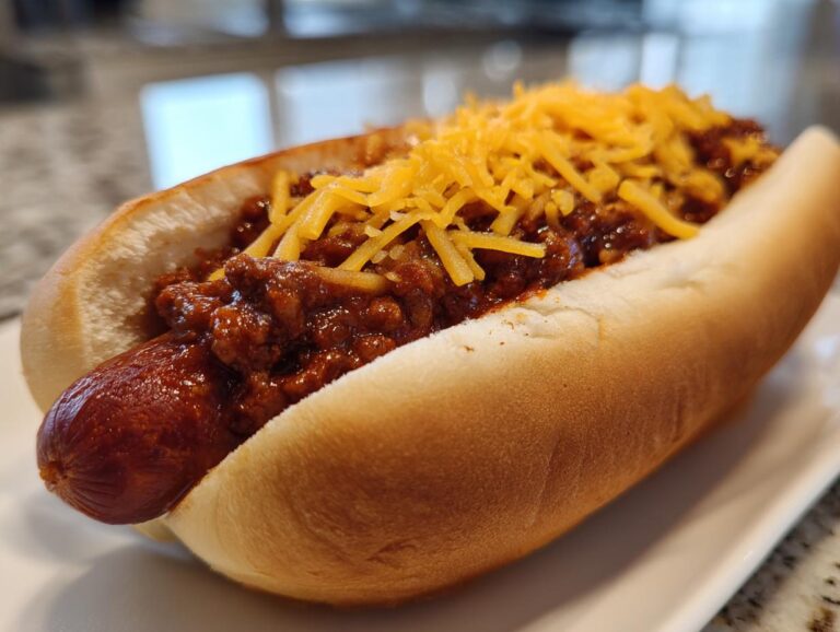 Close-up of a delicious chili dog topped with hearty chili and shredded cheddar cheese.