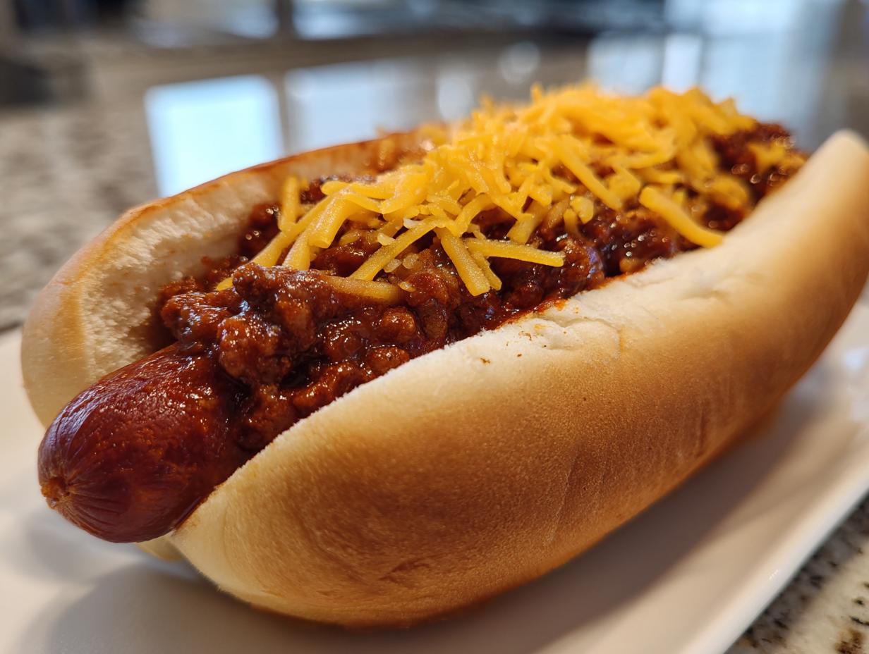 Close-up of a delicious chili dog topped with hearty chili and shredded cheddar cheese.