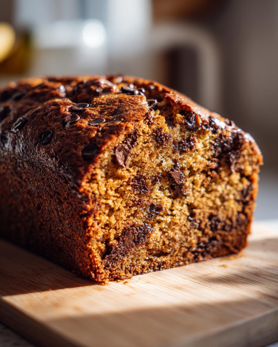 Close-up of a moist chocolate chip zucchini bread loaf on a wooden cutting board, with visible chocolate chips.