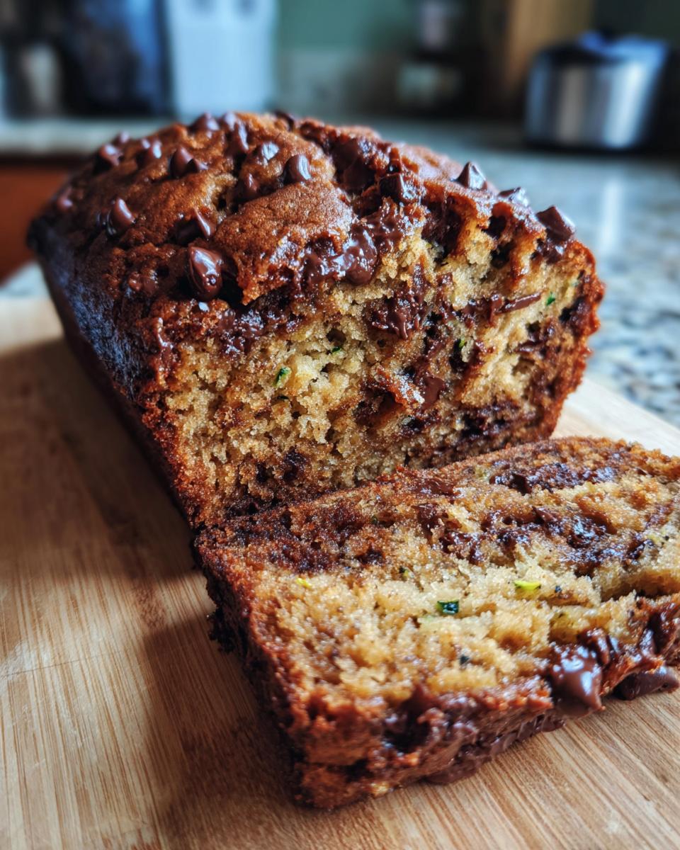 A close-up of moist chocolate chip zucchini bread, with a slice cut and showing melted chocolate chips.