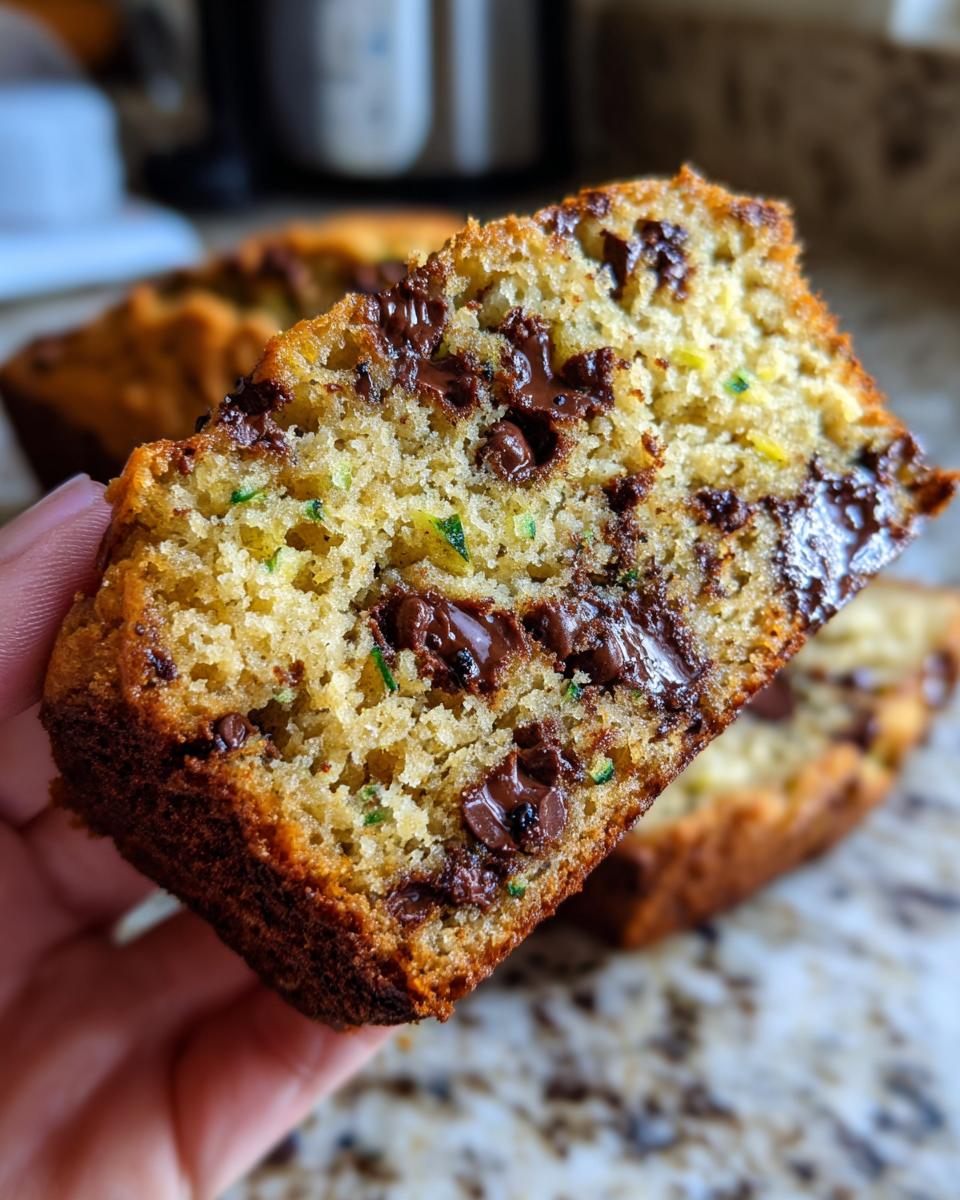 A close-up of a slice of moist chocolate chip zucchini bread, showing melted chocolate chips and green zucchini shreds.