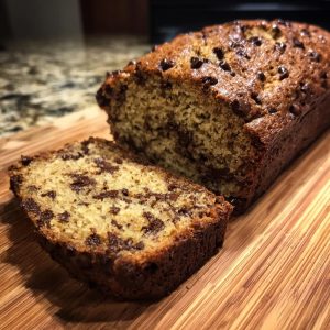 A close-up of a slice of moist chocolate chip zucchini bread on a wooden cutting board.
