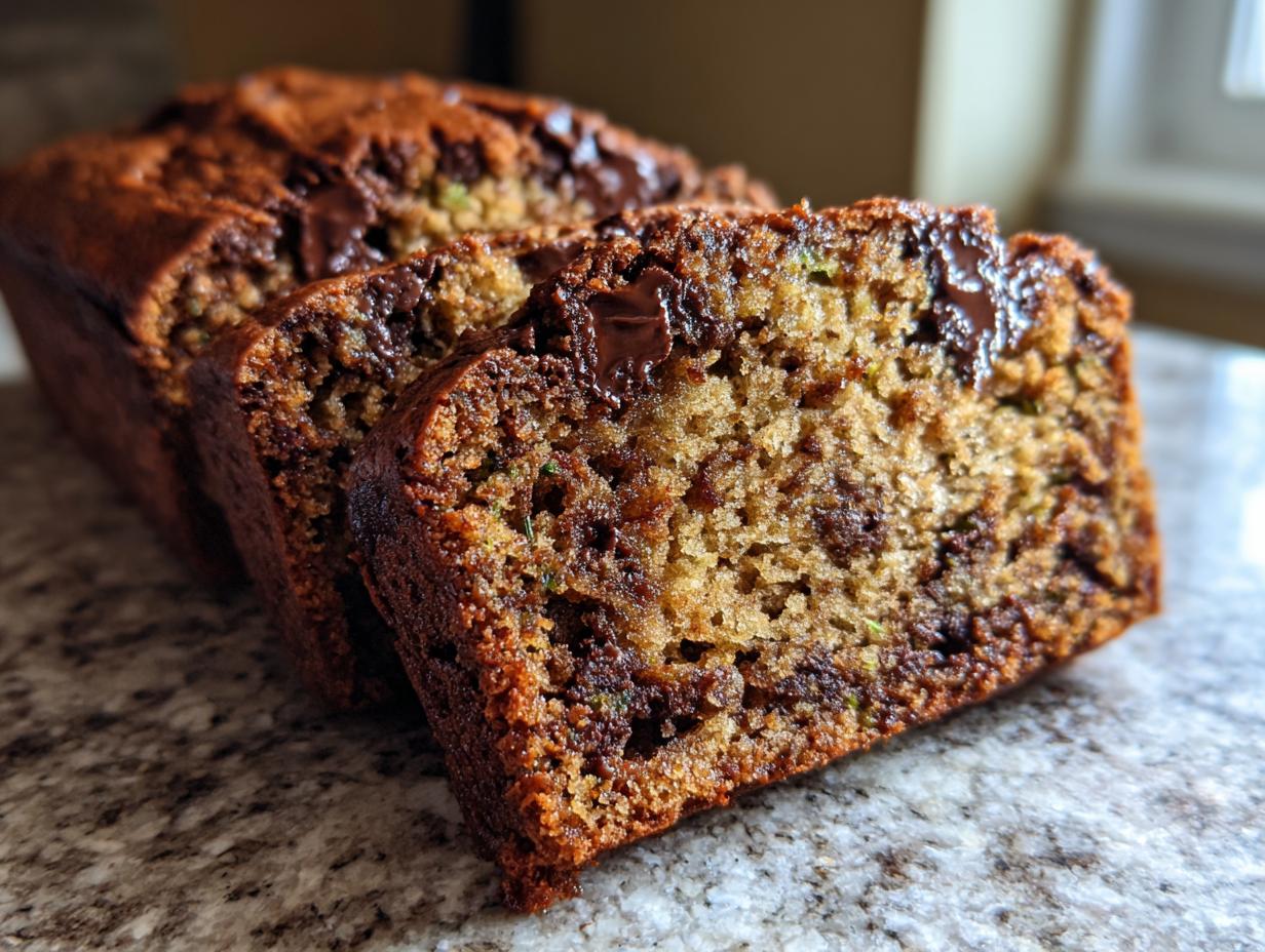 Close-up of three moist slices of chocolate chip zucchini bread, showcasing melted chocolate chips and green zucchini shreds.