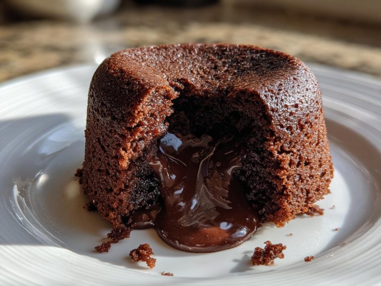 A rich chocolate lava cake with a gooey, molten chocolate center oozing out onto a white plate.