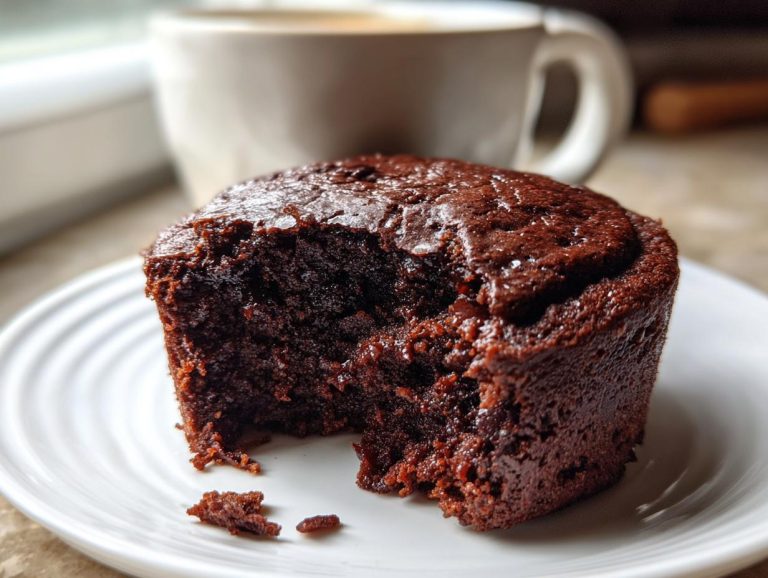 A close-up of a moist chocolate mug cake on a white plate, with a bite taken out, showing the rich texture.