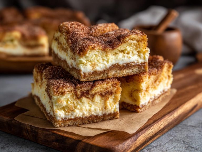 A stack of three delicious churro cheesecake bars, topped with cinnamon sugar.