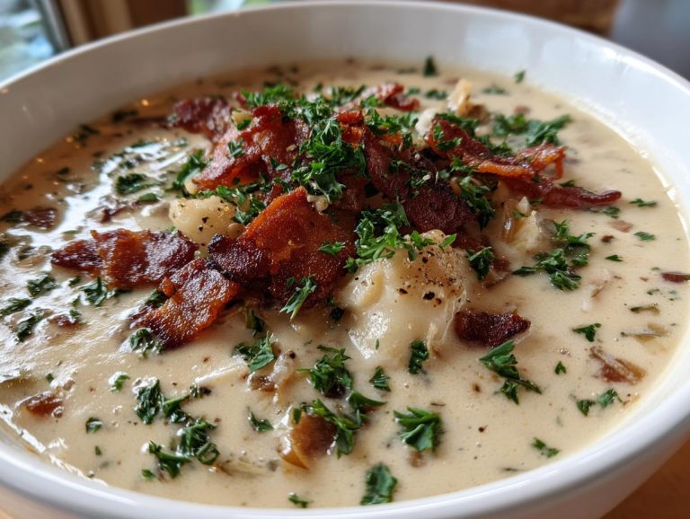 A close-up of a bowl of creamy clam chowder topped with crispy bacon pieces and fresh parsley.