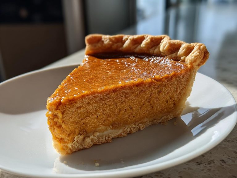 A perfect slice of classic pumpkin pie on a white plate, showcasing its rich orange filling and flaky crust.