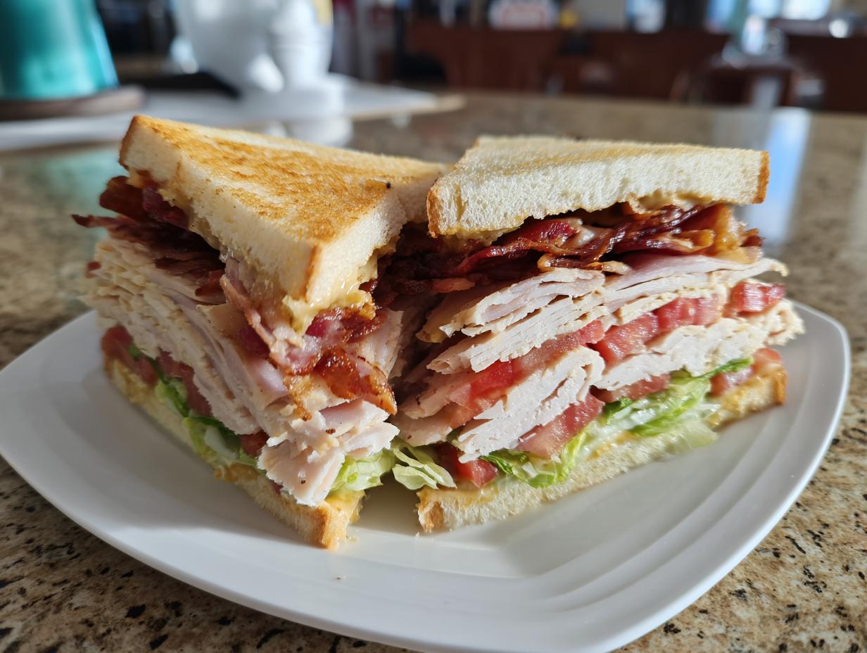 A perfectly layered club sandwich with turkey, bacon, lettuce, and tomato on toasted bread.