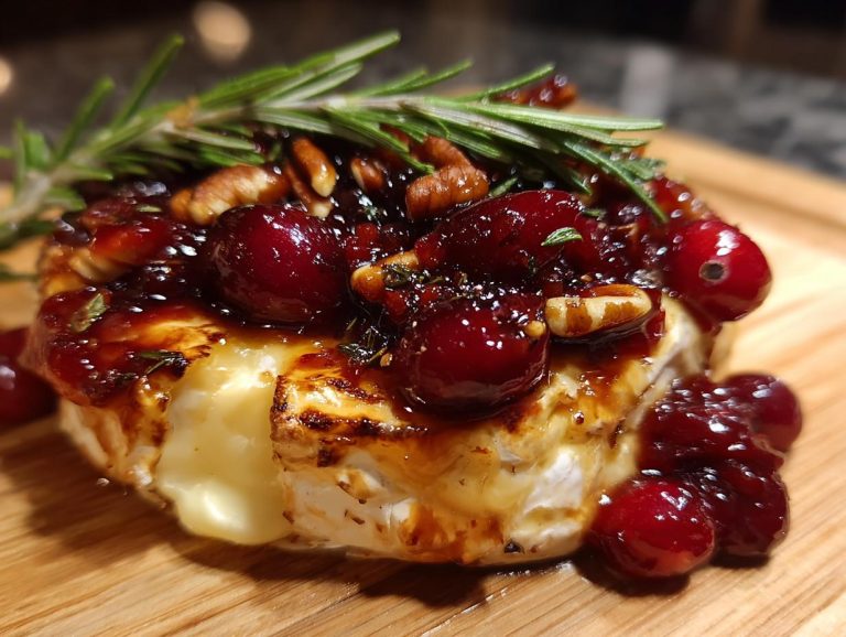 A close-up of melted Cranberry Baked Brie topped with whole cranberries, chopped pecans, and fresh rosemary on a wooden board.