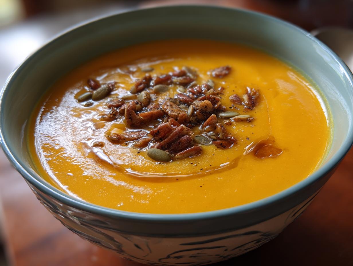 A bowl of creamy butternut squash soup topped with pecans and pumpkin seeds.