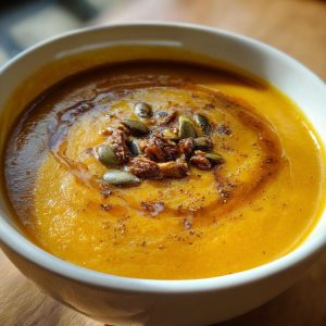 A close-up of a bowl of creamy butternut squash soup, garnished with pumpkin seeds and spices.