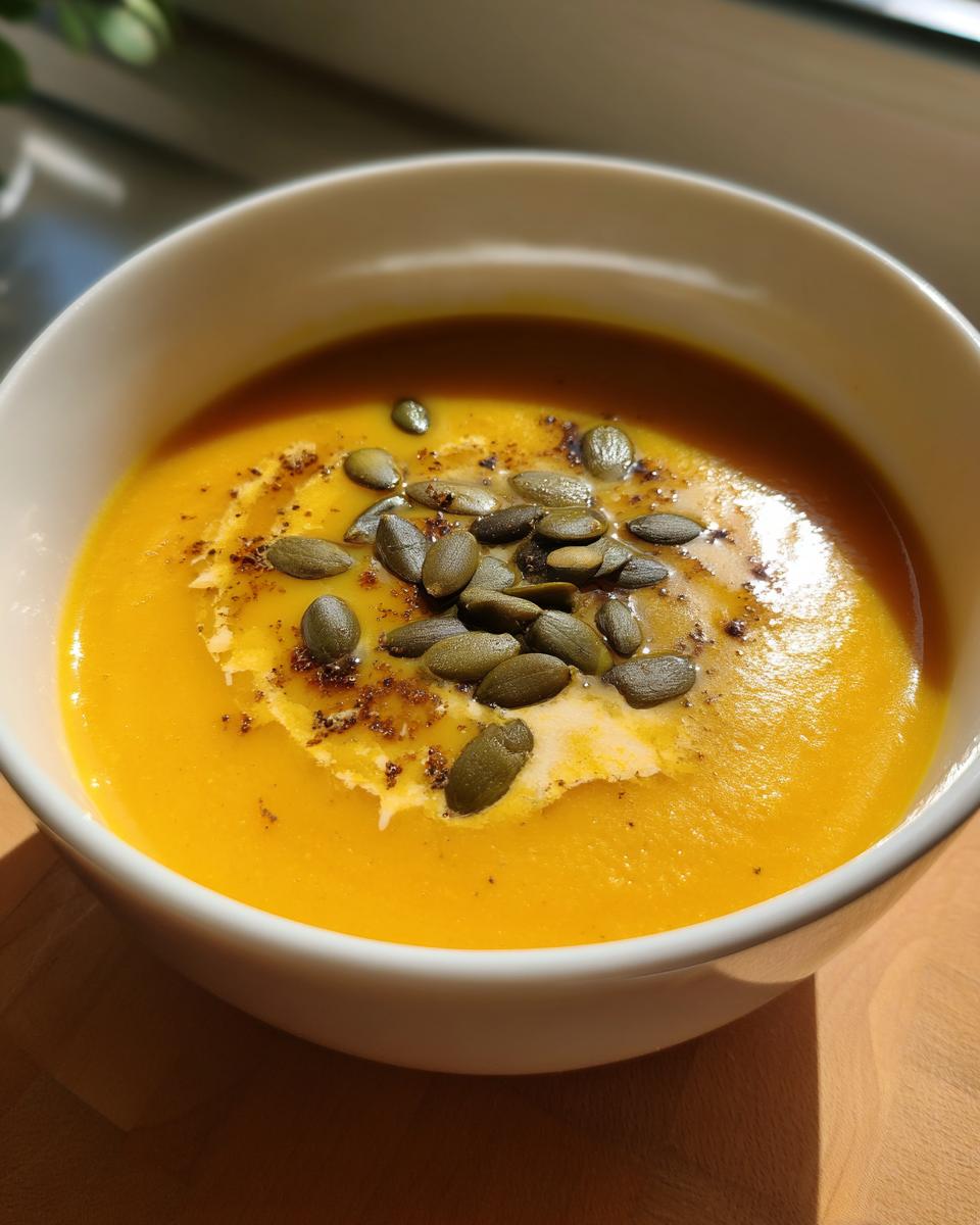 A bowl of creamy butternut squash soup topped with pumpkin seeds and a swirl of cream.