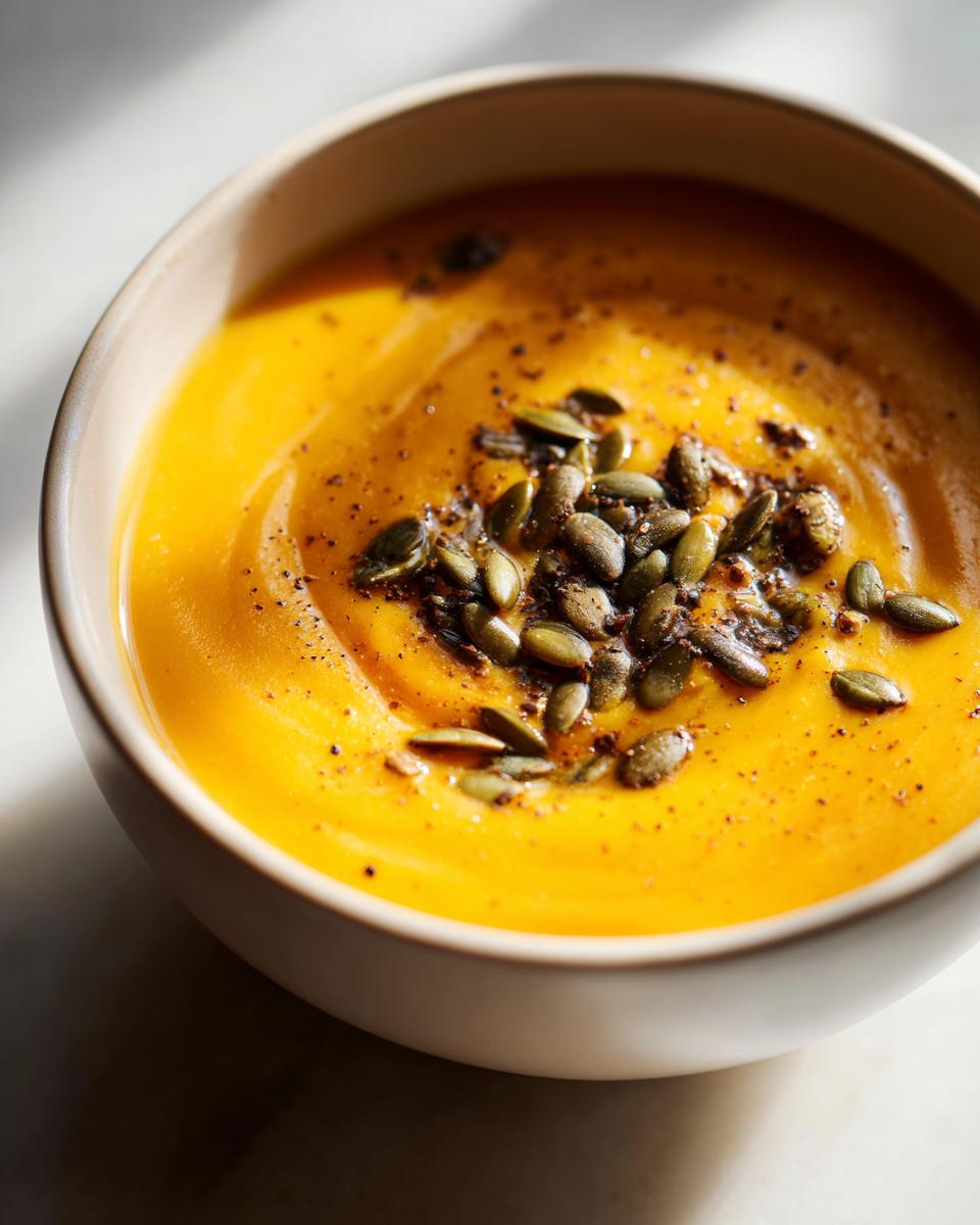 A bowl of creamy butternut squash soup topped with roasted pumpkin seeds and black pepper.