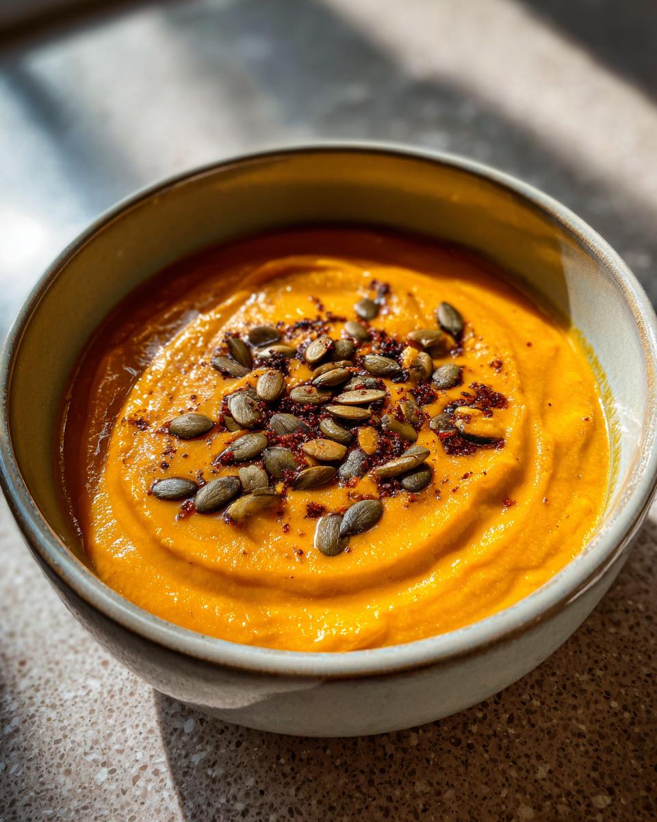 A bowl of creamy butternut squash soup topped with pumpkin seeds and chili flakes.