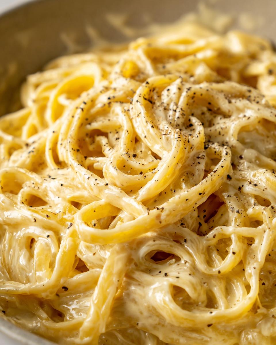 Close-up of creamy fettuccine alfredo pasta generously coated in sauce and sprinkled with black pepper.