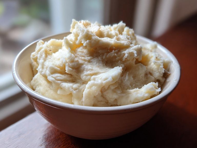 A close-up of a bowl filled with fluffy, creamy mashed potatoes.
