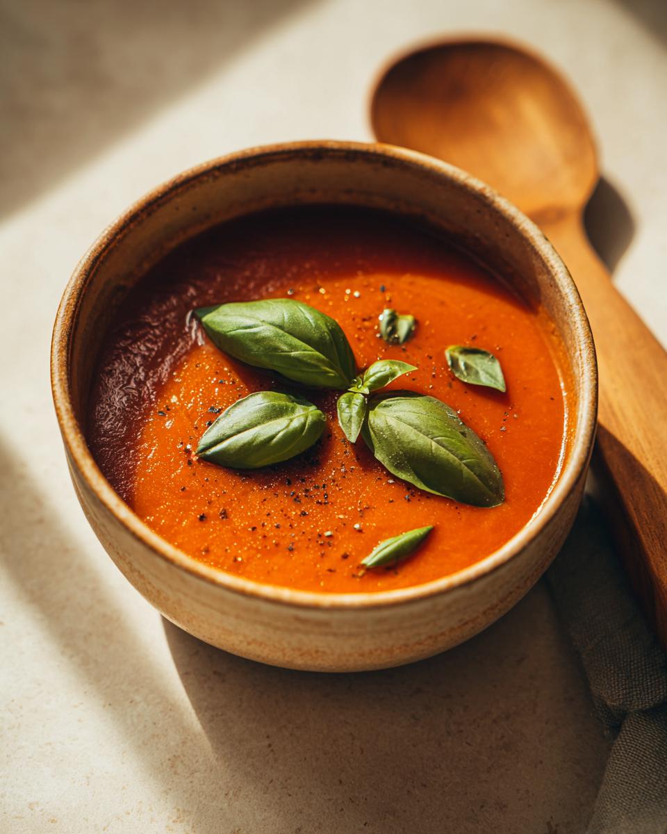 A close-up of a bowl of creamy tomato basil soup garnished with fresh basil leaves and black pepper.