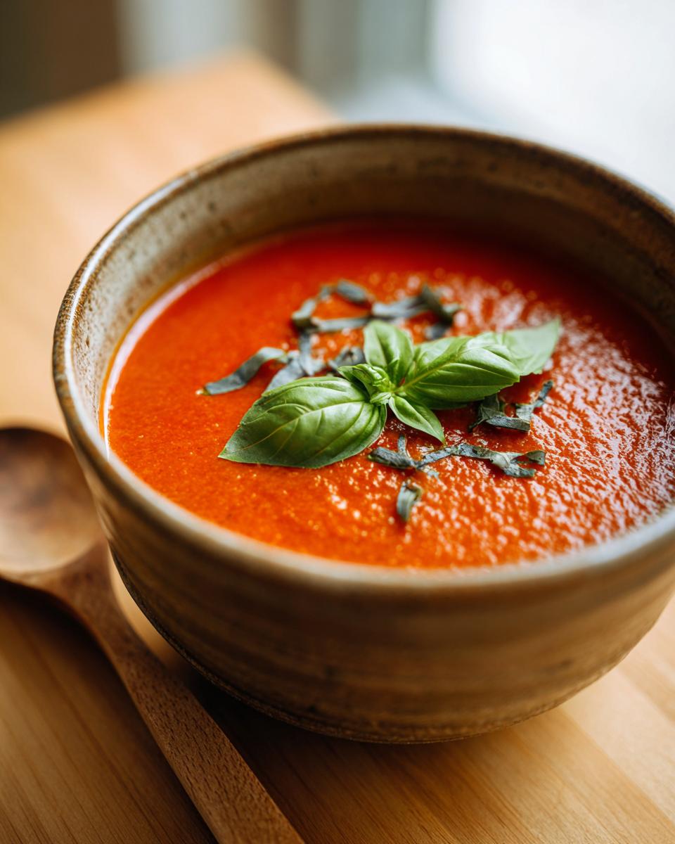 A close-up of a bowl of creamy tomato basil soup, garnished with fresh basil leaves.
