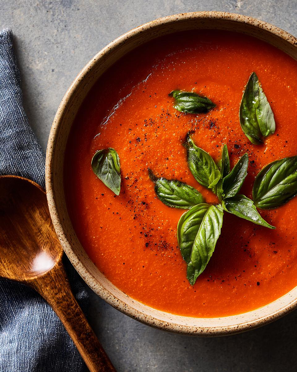 A close-up overhead view of a bowl of creamy tomato basil soup, garnished with fresh basil leaves and black pepper.