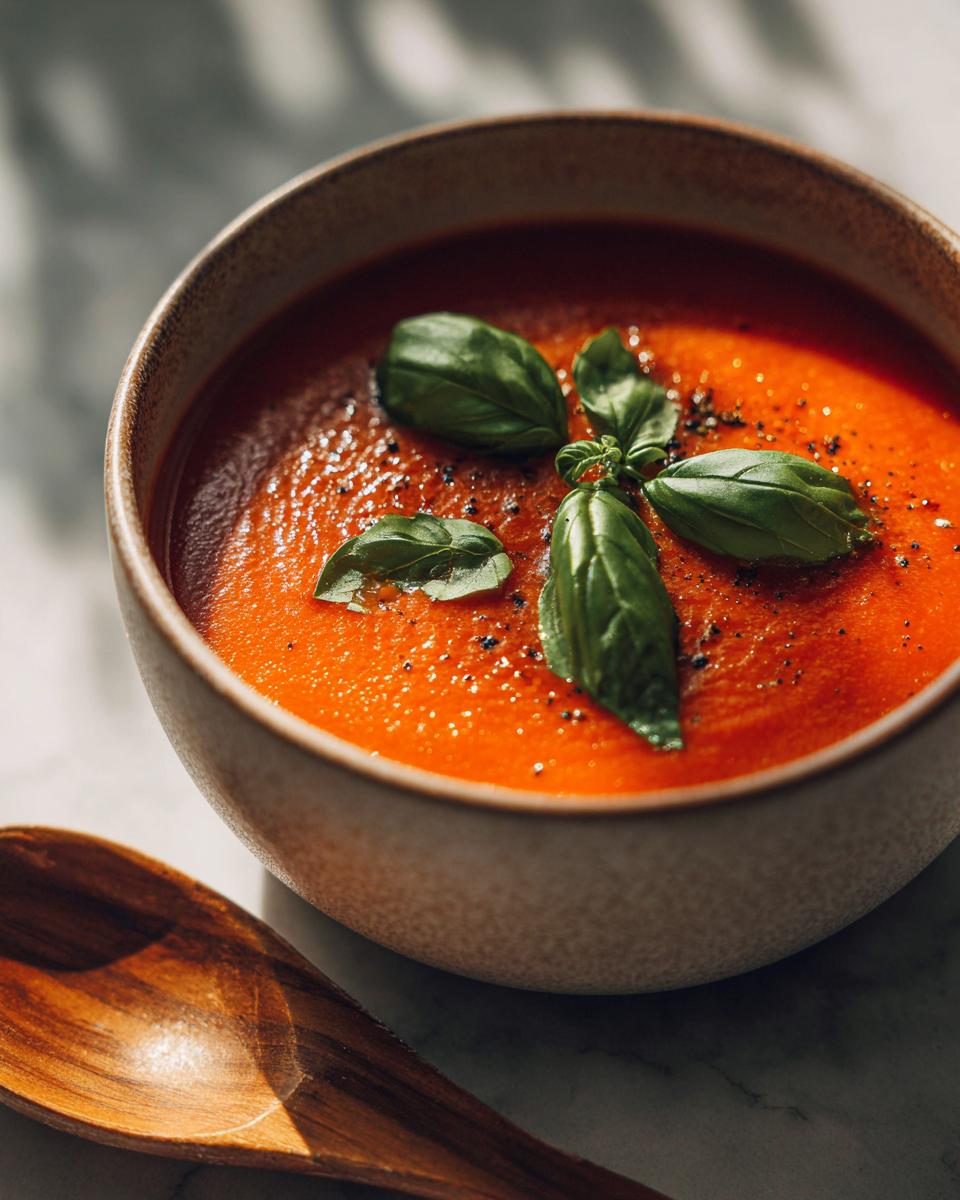 A bowl of creamy tomato basil soup garnished with fresh basil leaves and black pepper, with a wooden spoon beside it.