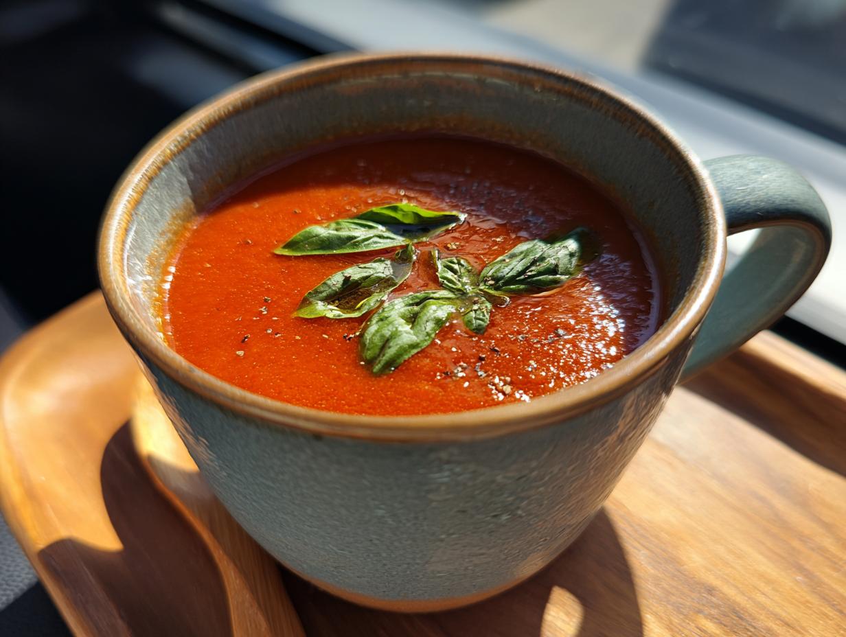 A close-up of a comforting bowl of creamy tomato basil soup, garnished with fresh basil leaves and black pepper.